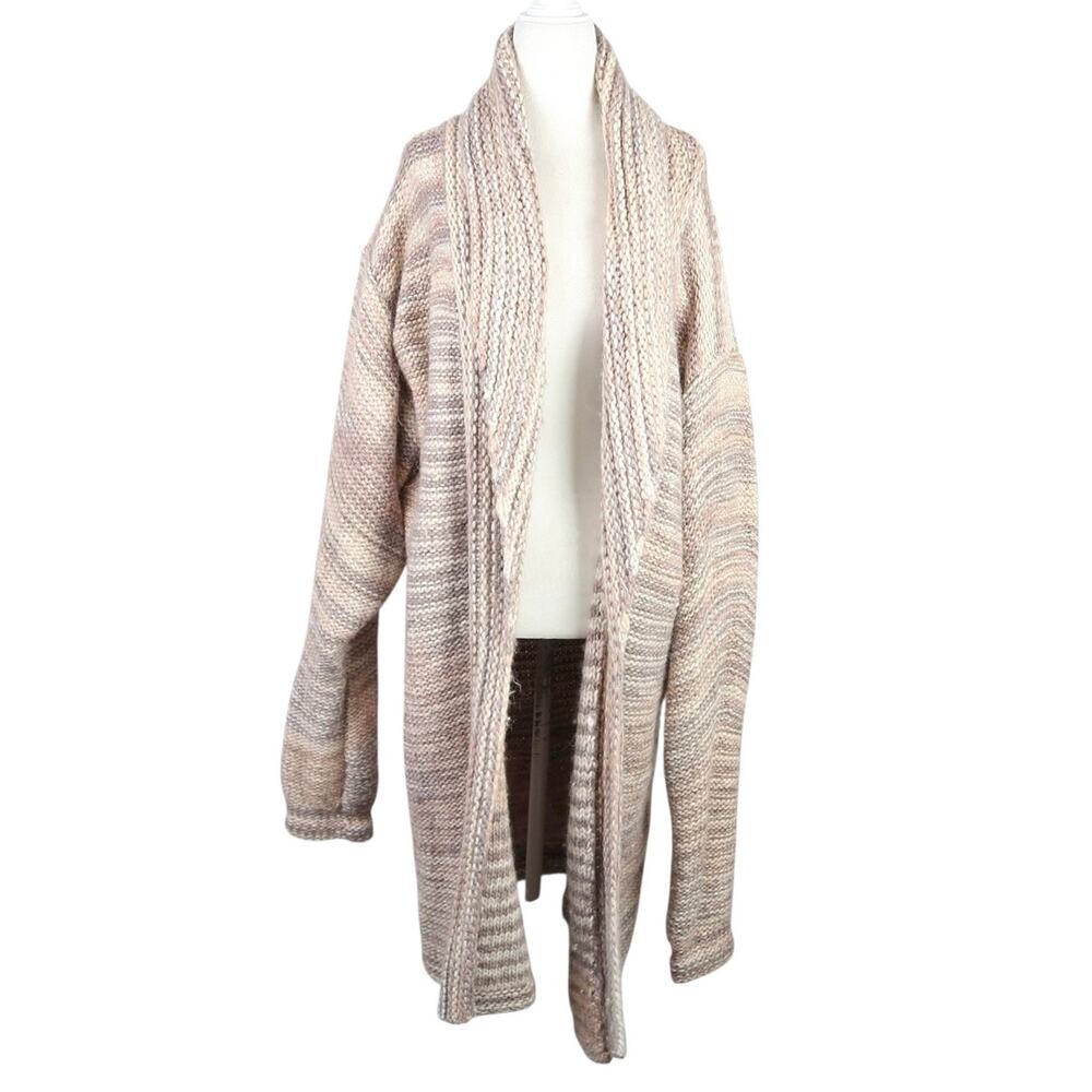 Vintage Cream Tan Marled Stripe Chunky Knit Mid Length Cardigan Sweater
